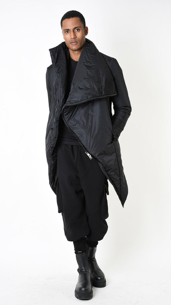 Black A33P LM24025 down jacket in comfort nylon 180gr, asymmetric design, with double slider zip and thumb holes.