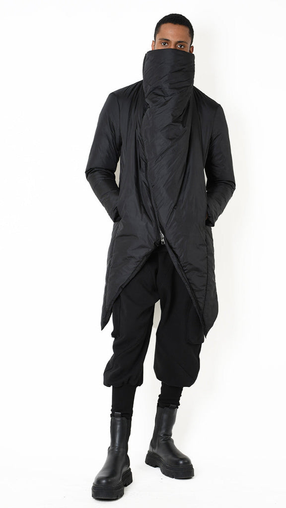 Black asymmetric down jacket in comfort nylon with double slider zip.