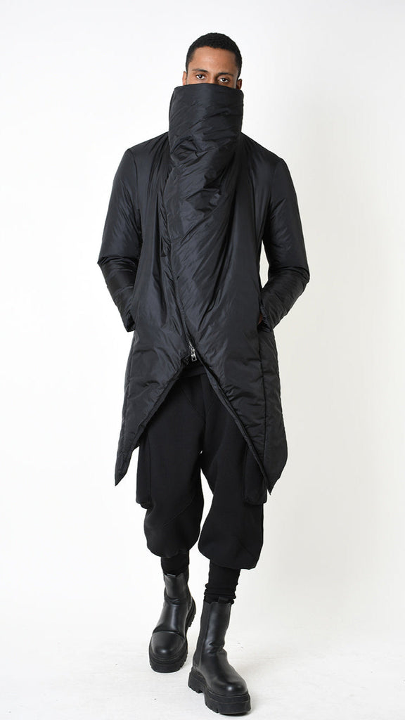 Black asymmetric down jacket, 180gr padded nylon, with double slider zip.