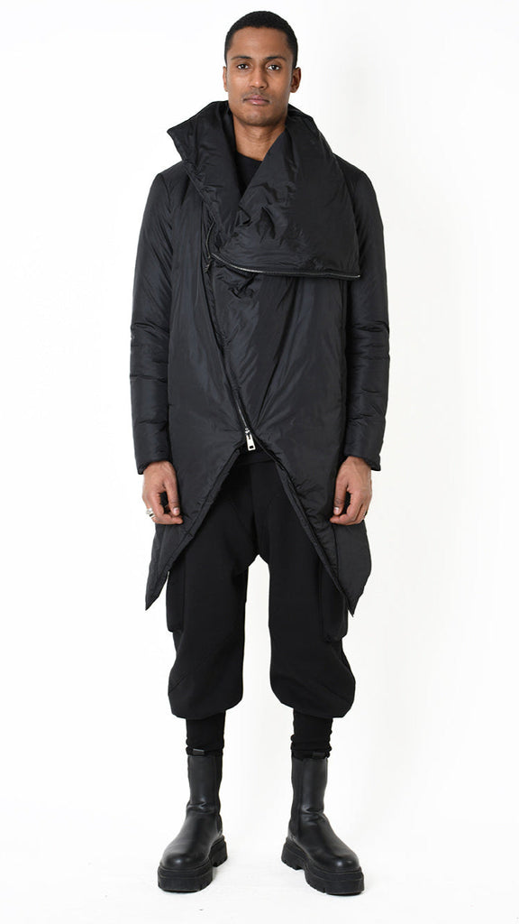 Black nylon down jacket with asymmetric design and double slider zip closure.