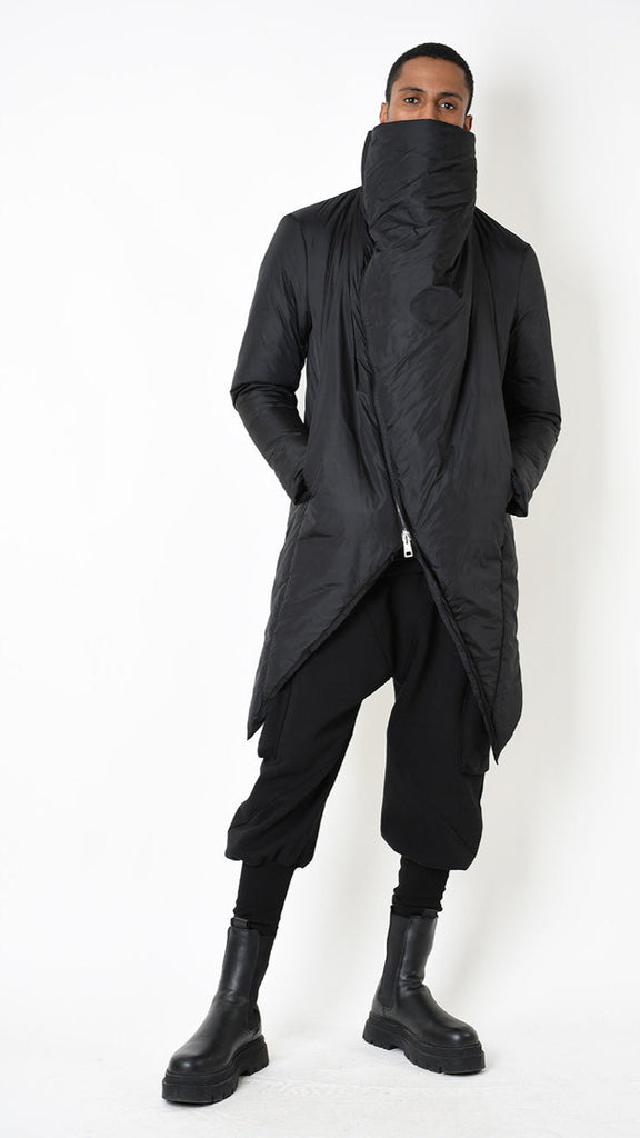 Black asymmetric A33P LM24025 down jacket with 180gr comfort nylon, double slider zip, and thumb holes.