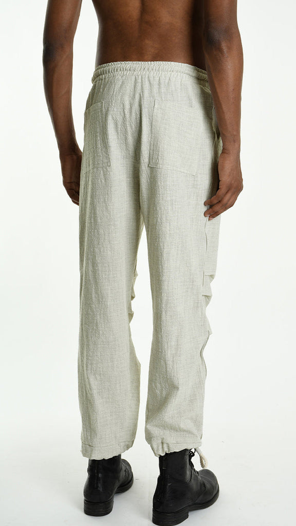 A33P M105325 TROUSER in ecru linen-cotton blend, elastic waist, back view.