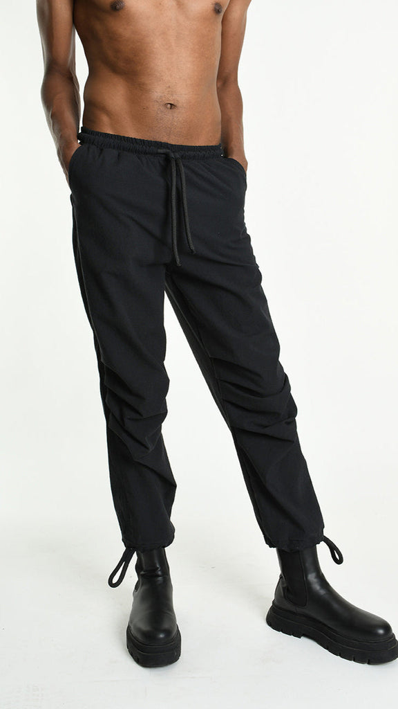 A33P M105325 TROUSER in black comfort linen cotton with elastic waist and pockets.