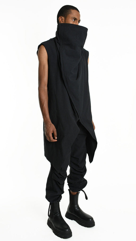 A33P M105425 GILET in black linen cotton, asymmetric design, Italian-made.