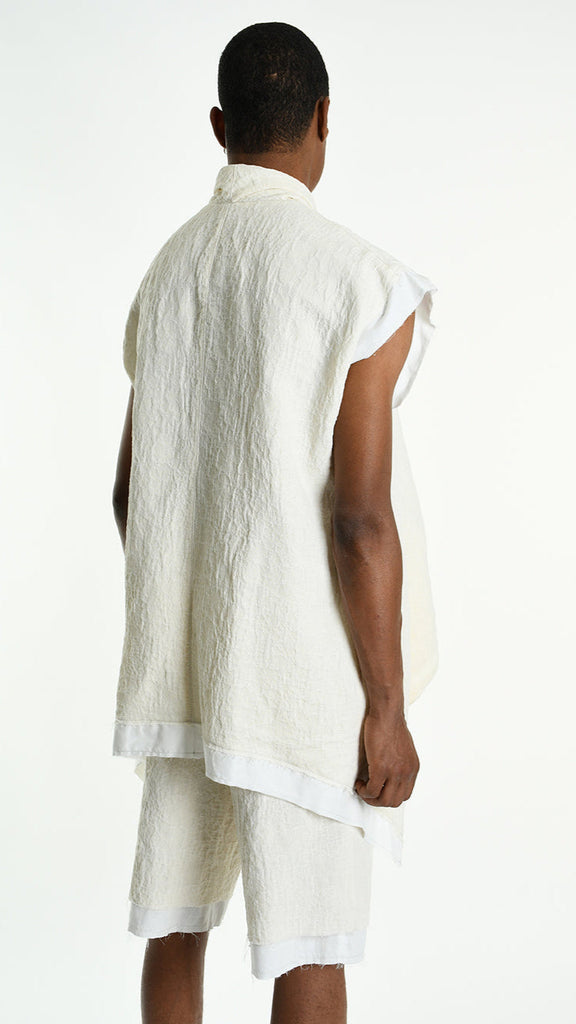 A33P M108425 GILET in ecru, cotton linen jacquard, back view.