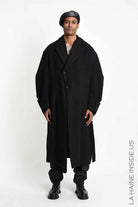 M1367 Overcoat - Black Wool Blend Cloth Pleated Sleeves Wooden Buttons Italian Men's