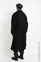 M1367 Overcoat - Black Wool Blend Cloth Pleated Sleeves Wooden Buttons Italian Men's