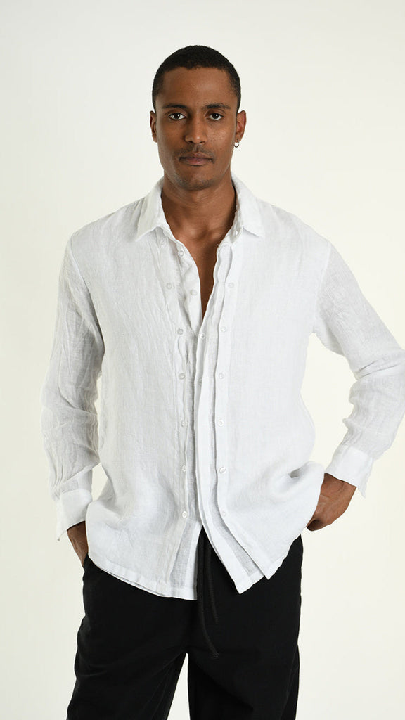 A33R M102425 SHIRT in white linen with panels, regular fit, made in Italy.