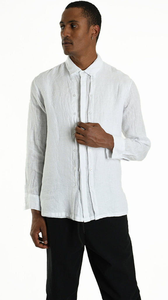 A33R M102425 SHIRT in white linen with button panel design, Italian-made.