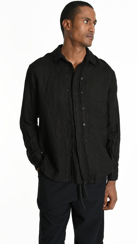 A33R M102425 SHIRT in black linen with button panels and regular fit.