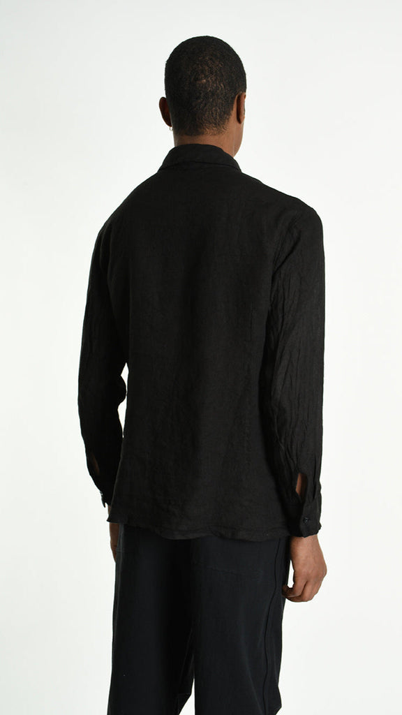 A33R M102425 SHIRT in black linen, regular fit, featuring button panels, and sophisticated design.