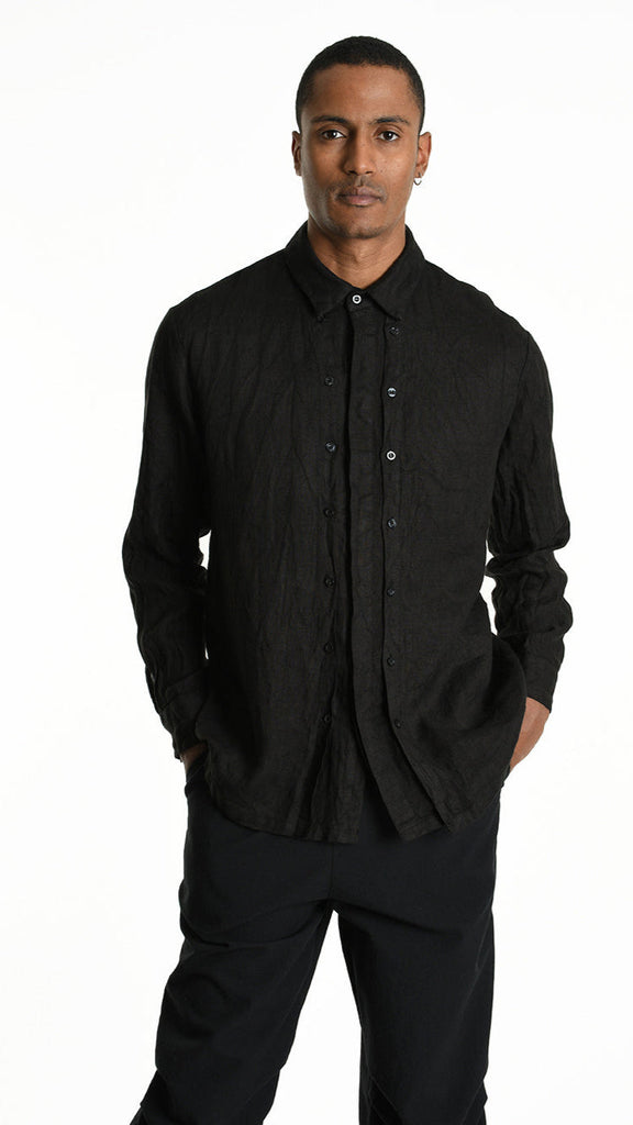 A33R M102425 SHIRT in black linen with button panels, regular fit, luxury Italian design.