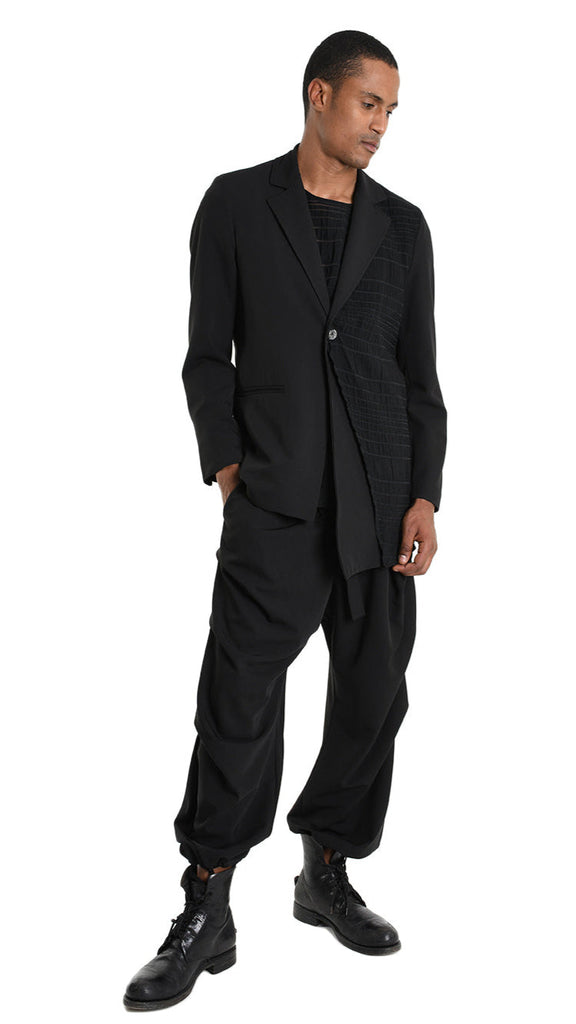 A33R M102825 JACKET in black with devoré viscose panel, asymmetric design, and tailored fit.