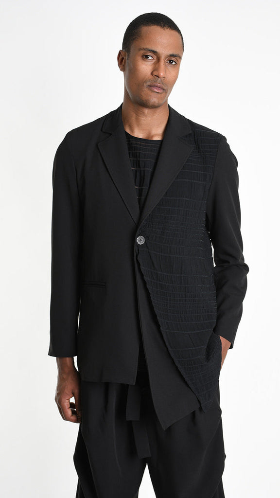 A33R M102825 JACKET with asymmetric devoré viscose panel in black.