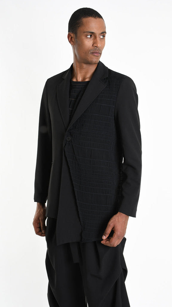 A33R M102825 JACKET with devoré viscose panel in black worn by model.