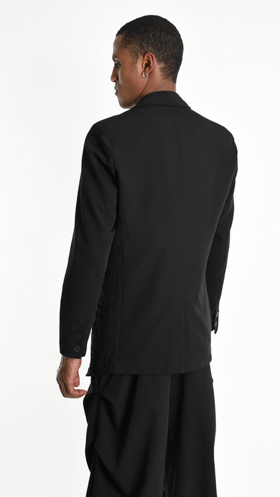 A33R M102825 JACKET in black with asymmetrical viscose panel, Italian-made luxury blazer.