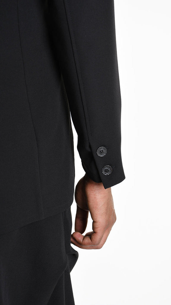 A33R M102825 JACKET in black with devoré viscose panel and button closure.