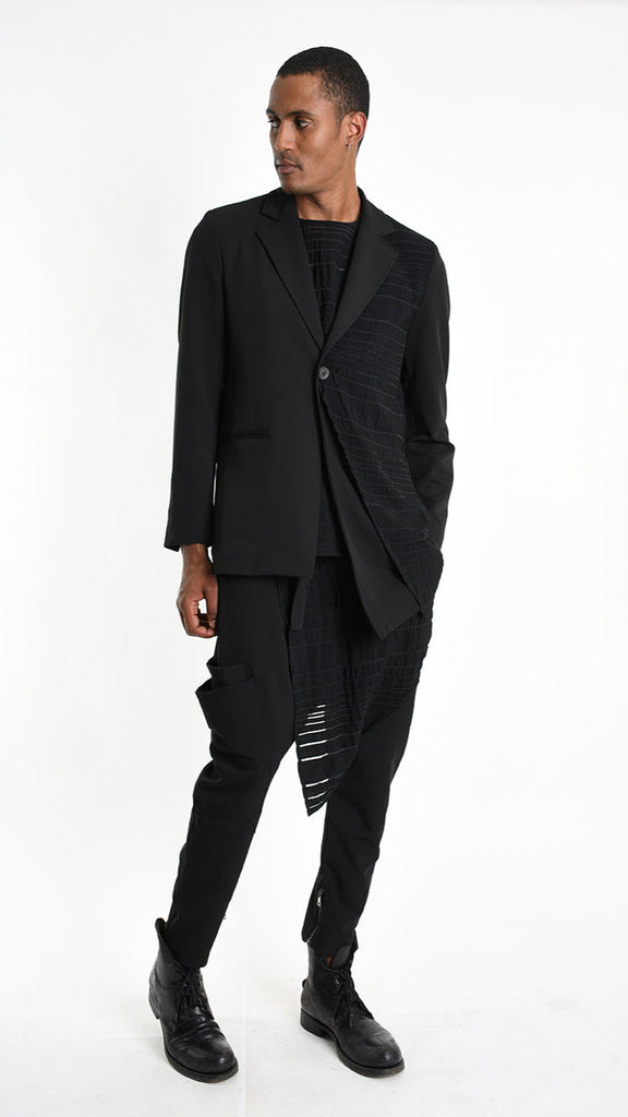 A33R M102825 JACKET in black with devoré viscose panel, Italian design.