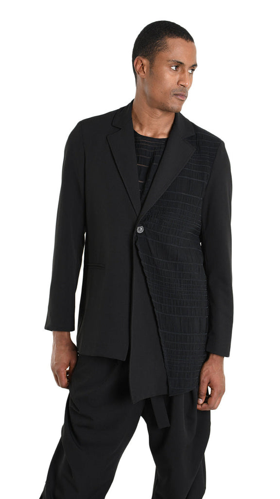 A33R M102825 JACKET with asymmetrical viscose panel in black, made in Italy.