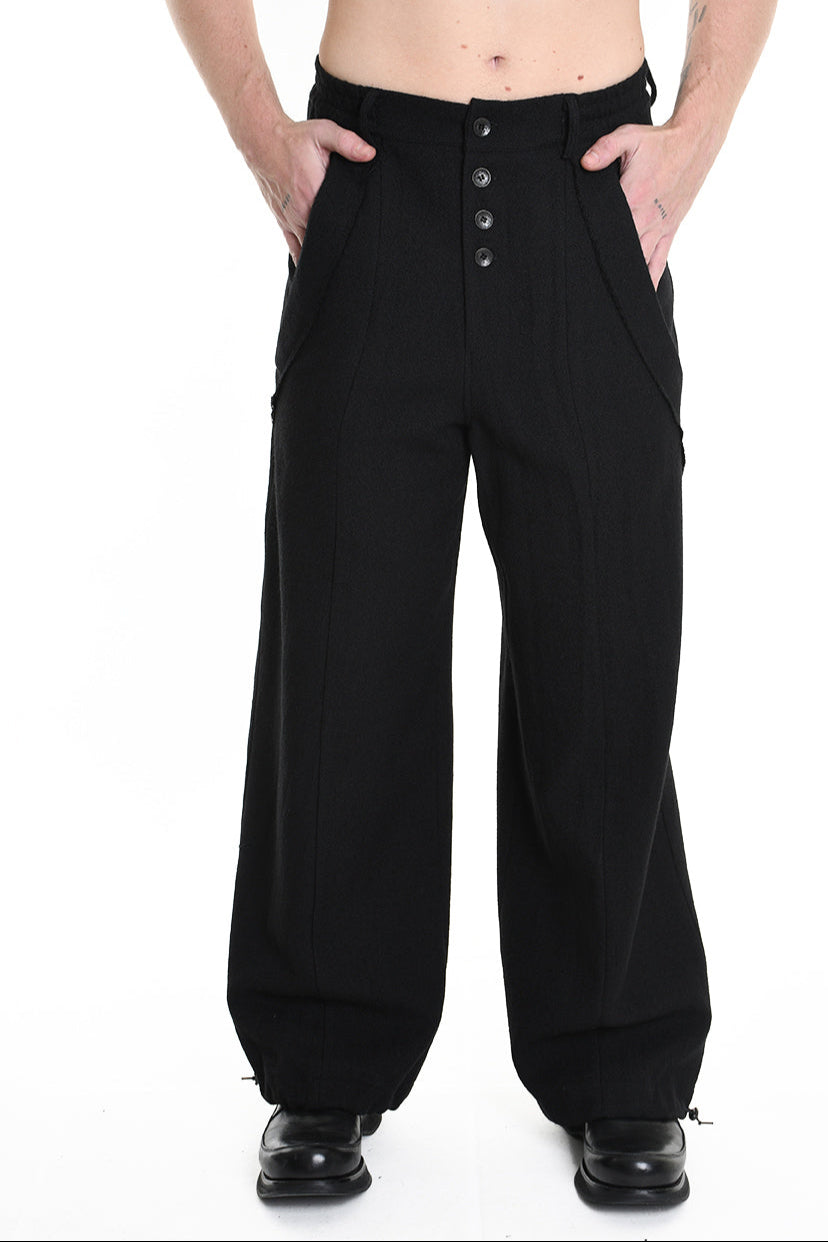 3R M1145 TROUSER Wide Comfort Wool Hemp Fabric Black LA HAINE INSIDE US