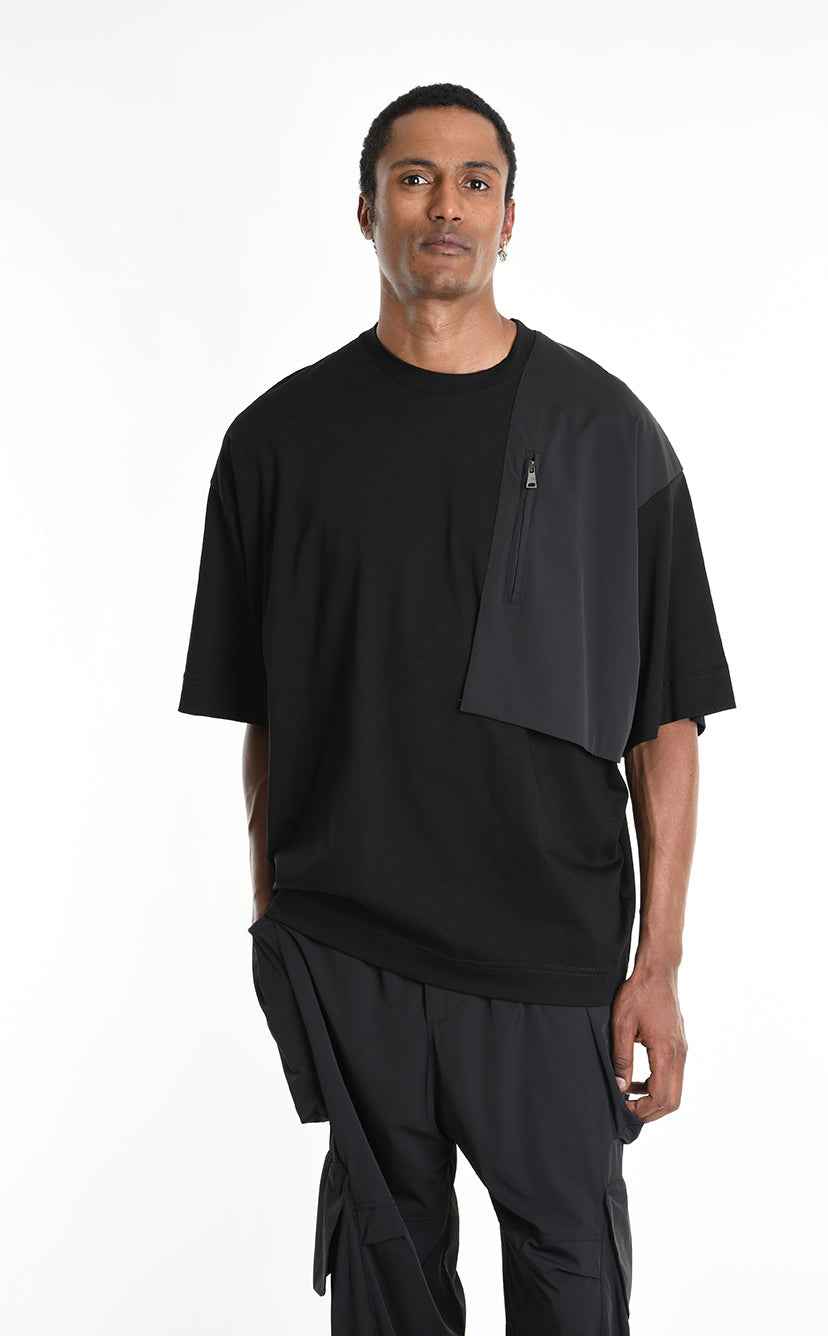 LA HAINE INSIDE US M1214 T-Shirt - Black Oversized Cotton Stretch Nylon Panel Italian Men's