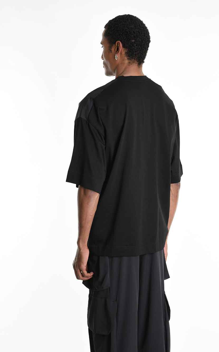 LA HAINE INSIDE US M1214 T-Shirt - Black Oversized Cotton Stretch Nylon Panel Italian Men's