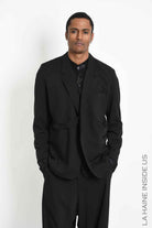 M1316 Jacket - Black Oversized Fluid Wool Blend Shoulder Pads Drawstring Italian Men's