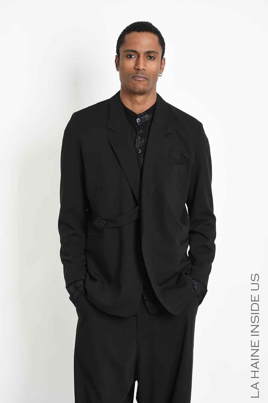 M1316 Jacket - Black Oversized Fluid Wool Blend Shoulder Pads Drawstring Italian Men's