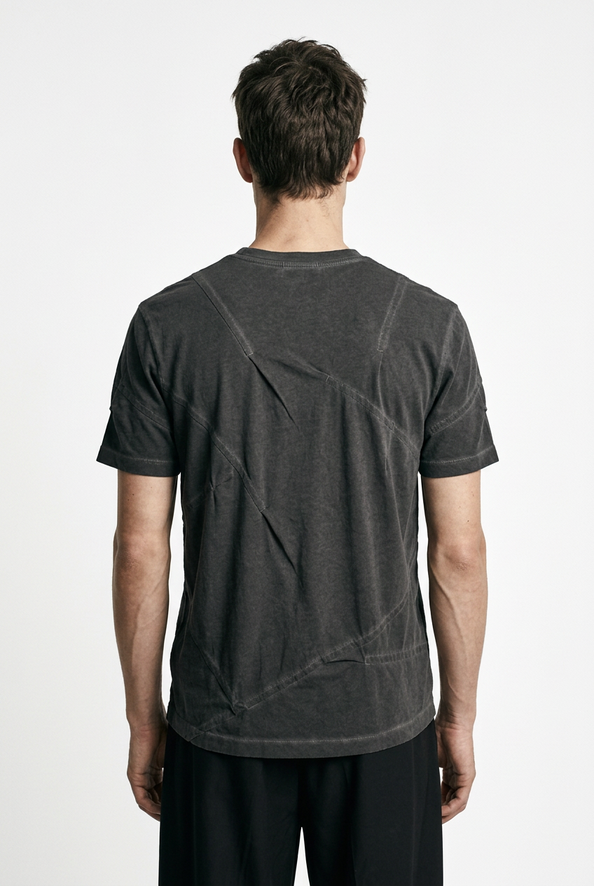 LA HAINE INSIDE US M1294 grey cold-dyed cotton T-shirt, back view showing diagonal seams