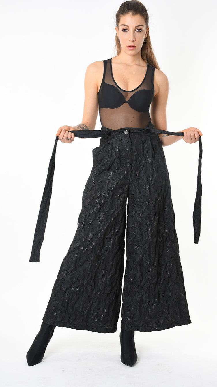 A34B LW85025 TROUSER Wide Flared Jacquard Coated Black