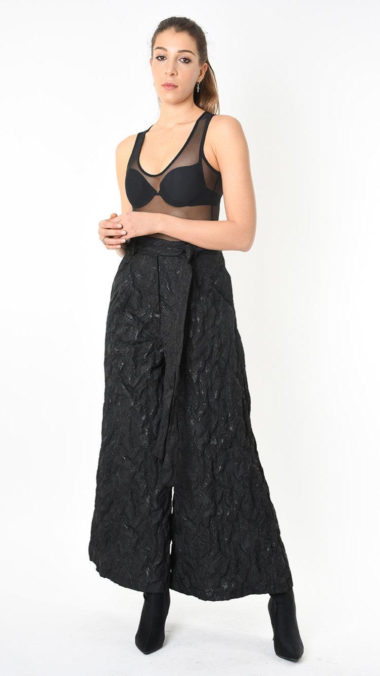 A34B LW85025 TROUSER Wide Flared Jacquard Coated Black