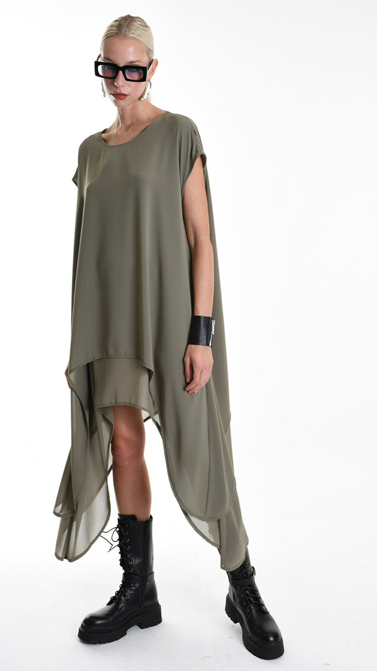 A34B W500425 DRESS Asymmetric Georgette Green