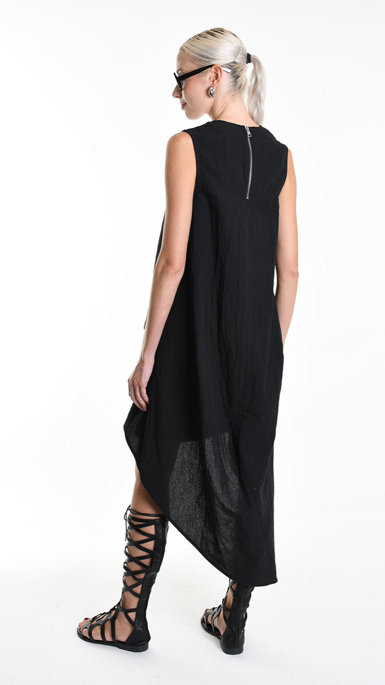A34B W502025 DRESS Over Asymmetric Linen Cotton Black