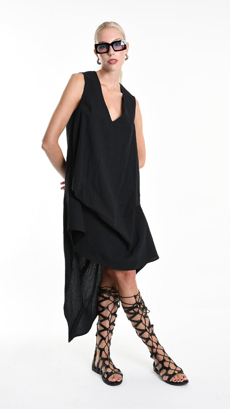 A34B W502025 DRESS Over Asymmetric Linen Cotton Black