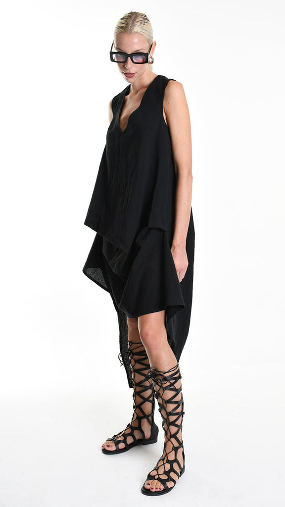 A34B W502025 DRESS Over Asymmetric Linen Cotton Black.