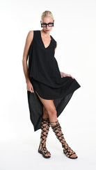 A34B W502025 DRESS Over Asymmetric Linen Cotton Black