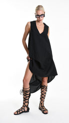 A34B W502025 DRESS Over Asymmetric Linen Cotton Black