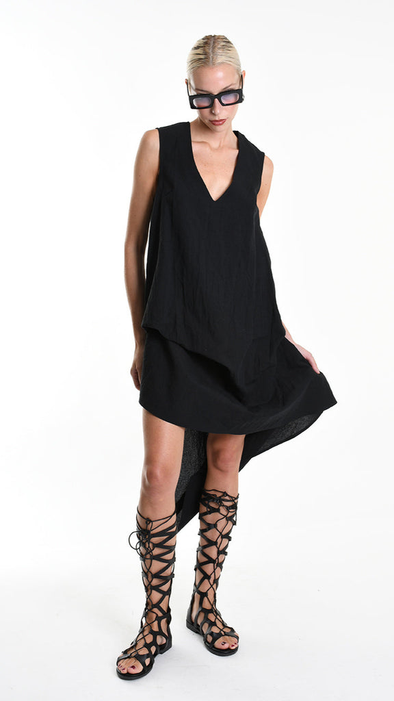 A34B W502025 DRESS Over Asymmetric Linen Cotton Black.