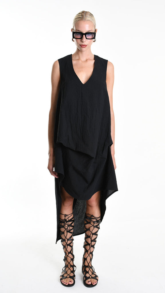 A34B W502025 DRESS Over Asymmetric Linen Cotton Black.