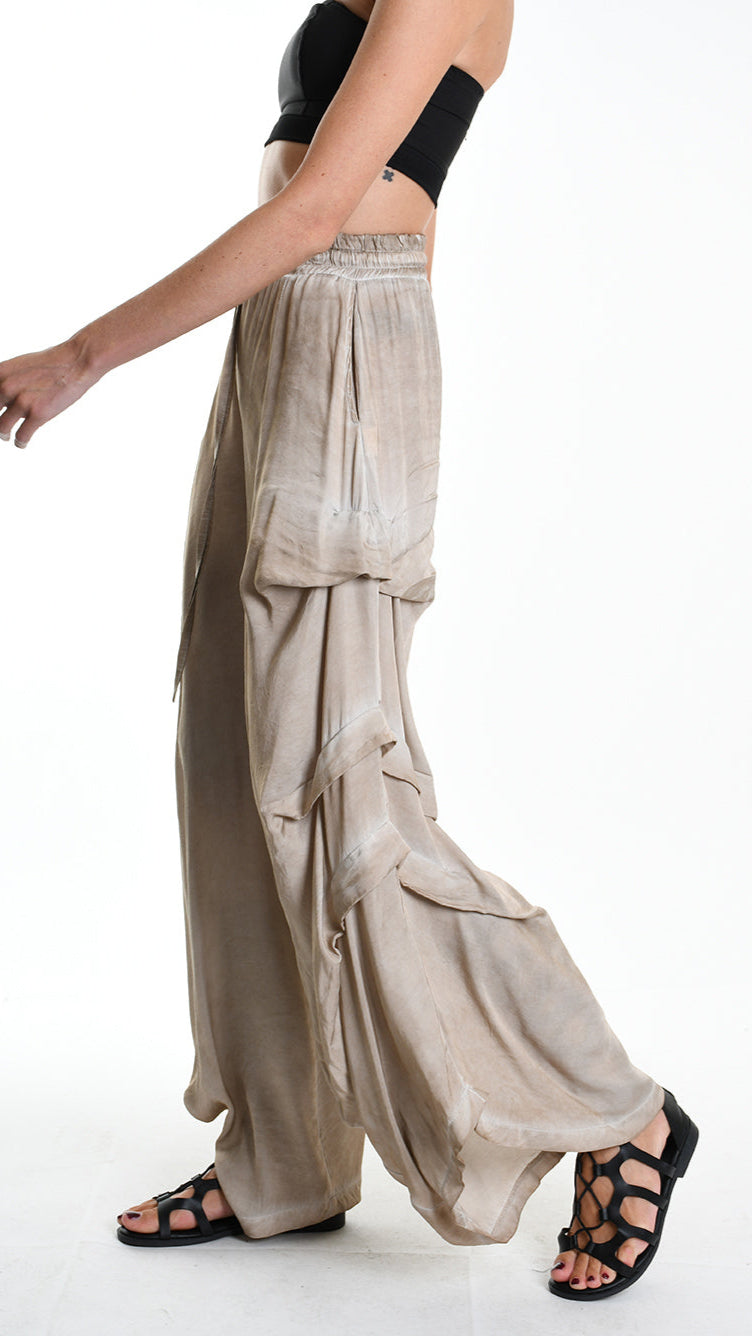 A34B W512425 TROUSER Over Wide Satin Viscose Sand