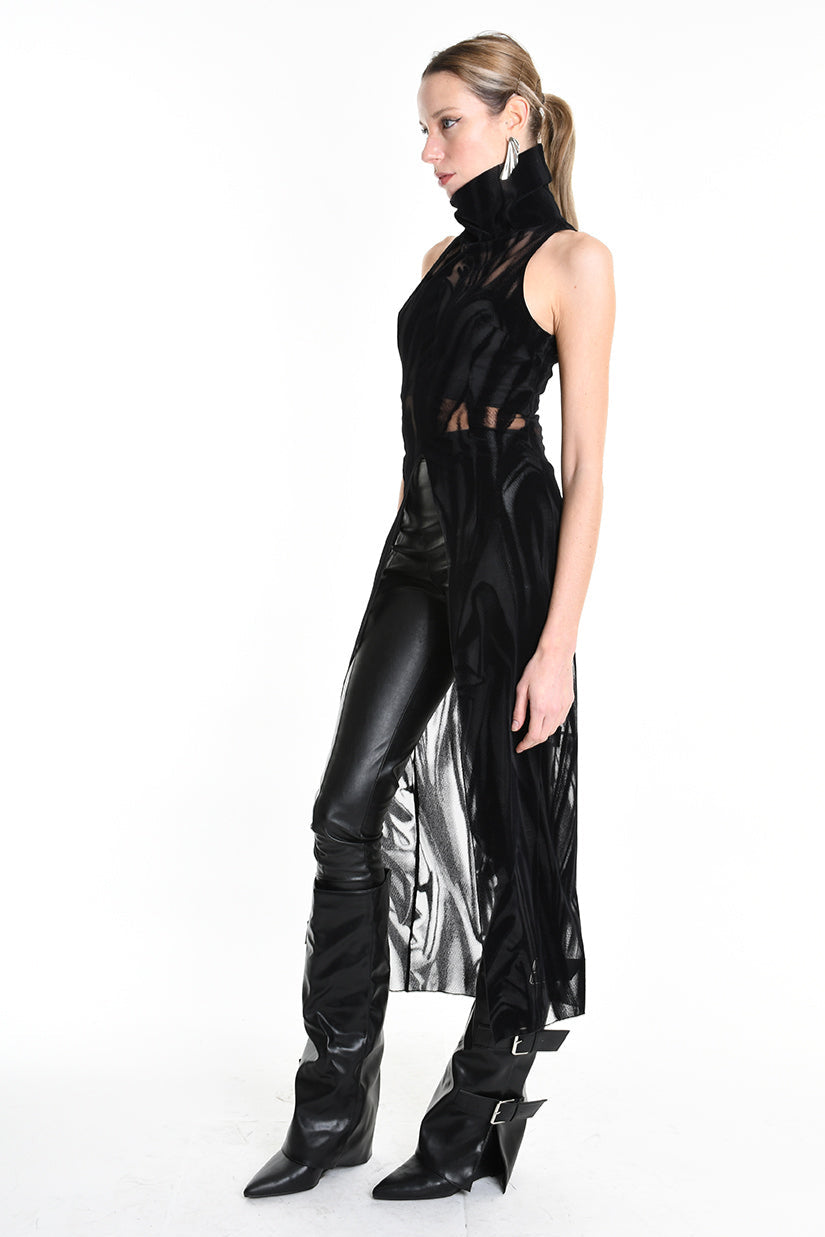 4B W5138 TANK TOP Over Tulle Devore Flocked Stretch Black LA HAINE INSIDE US