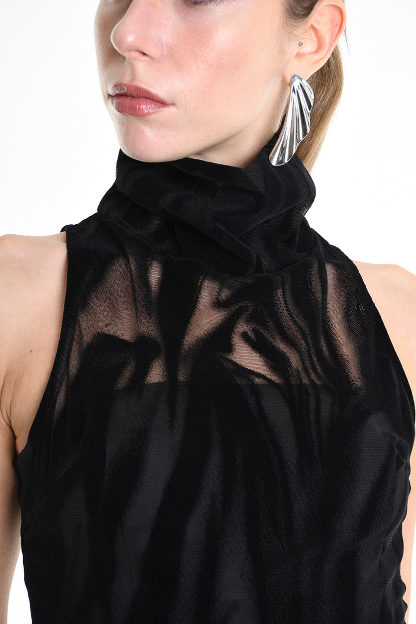 4B W5138 TANK TOP Over Tulle Devore Flocked Stretch Black LA HAINE INSIDE US