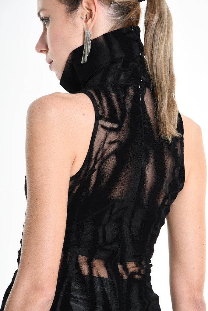 4B W5138 TANK TOP Over Tulle Devore Flocked Stretch Black LA HAINE INSIDE US