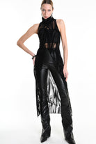 4B W5138 TANK TOP Over Tulle Devore Flocked Stretch Black LA HAINE INSIDE US