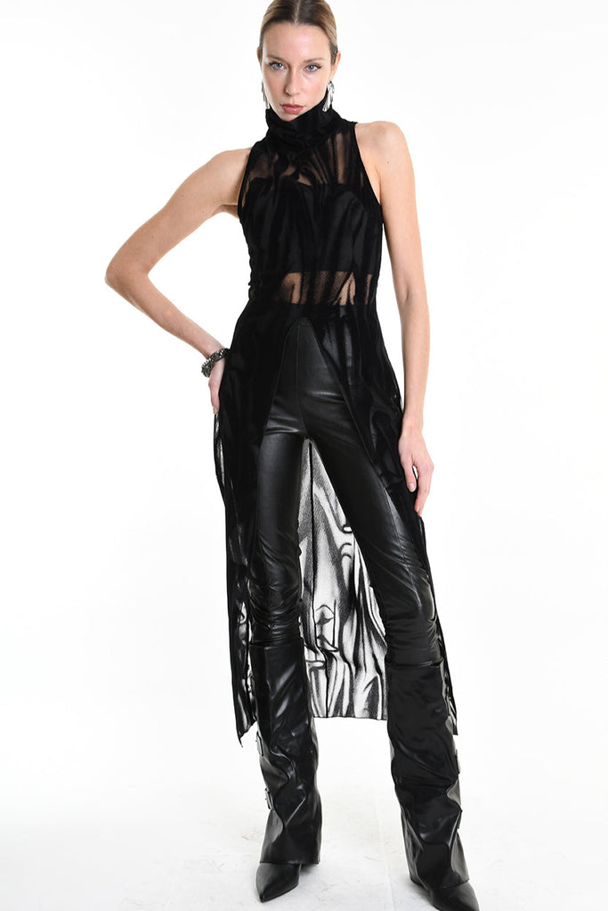 4B W5138 TANK TOP Over Tulle Devore Flocked Stretch Black LA HAINE INSIDE US