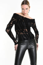 4B W5139 SWEATER Tulle Devore Flocked Stretch Black LA HAINE INSIDE US