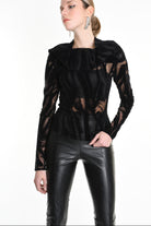 4B W5139 SWEATER Tulle Devore Flocked Stretch Black LA HAINE INSIDE US