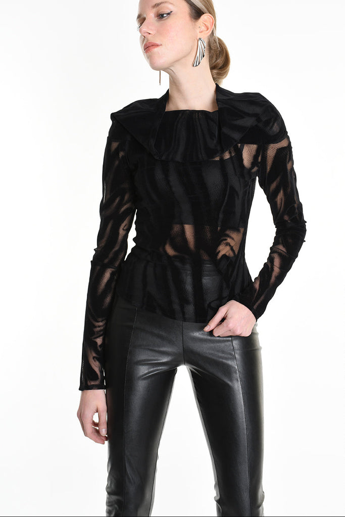 4B W5139 SWEATER Tulle Devore Flocked Stretch Black LA HAINE INSIDE US