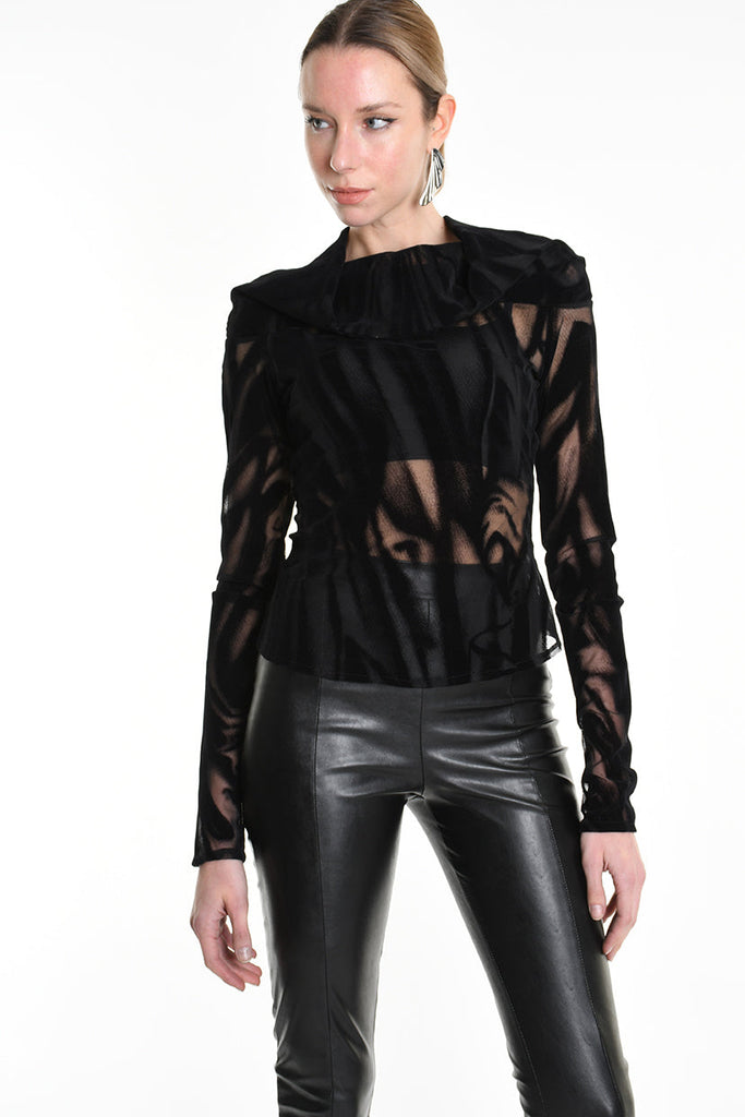 4B W5139 SWEATER Tulle Devore Flocked Stretch Black LA HAINE INSIDE US