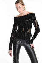 4B W5139 SWEATER Tulle Devore Flocked Stretch Black LA HAINE INSIDE US